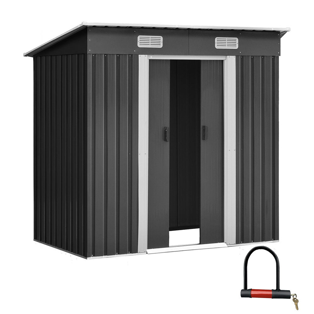 metal garden shed with sliding doors and vents