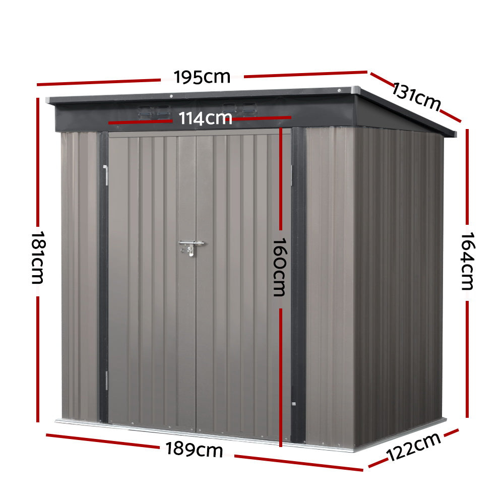 Steel outdoor storage shed with sloped roof and vents