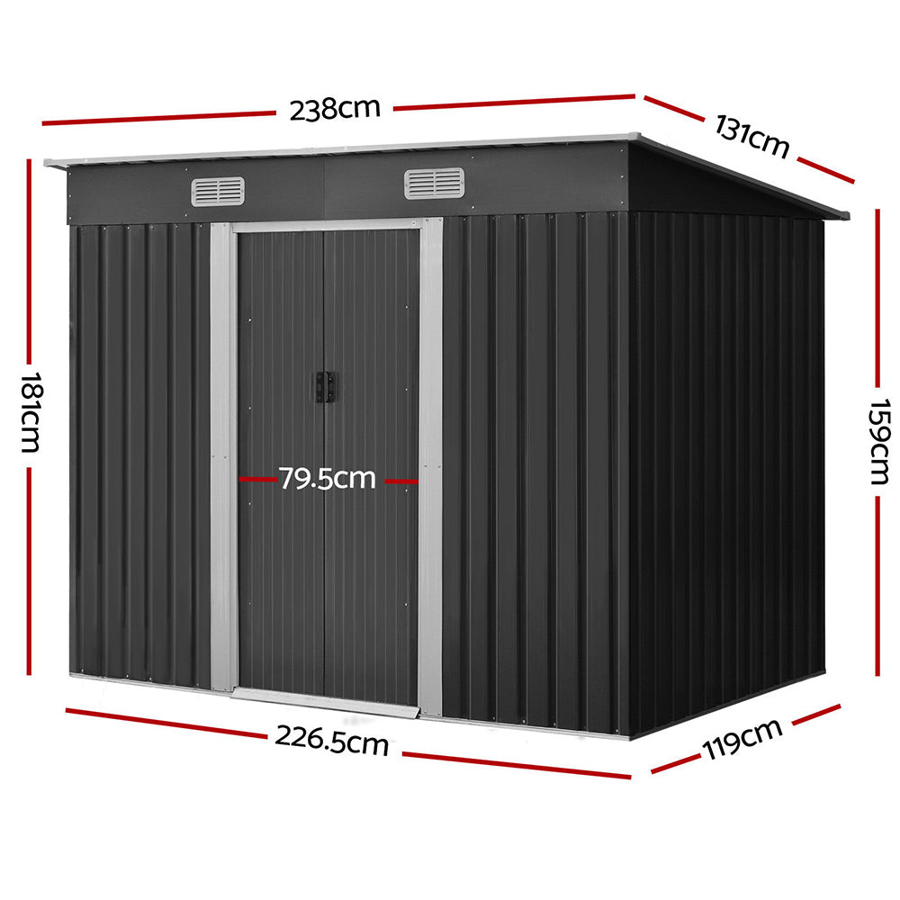 2.38 x 1.31m Metal Garden Shed – Grey Steel Outdoor Storage with Sliding Doors & Vents
