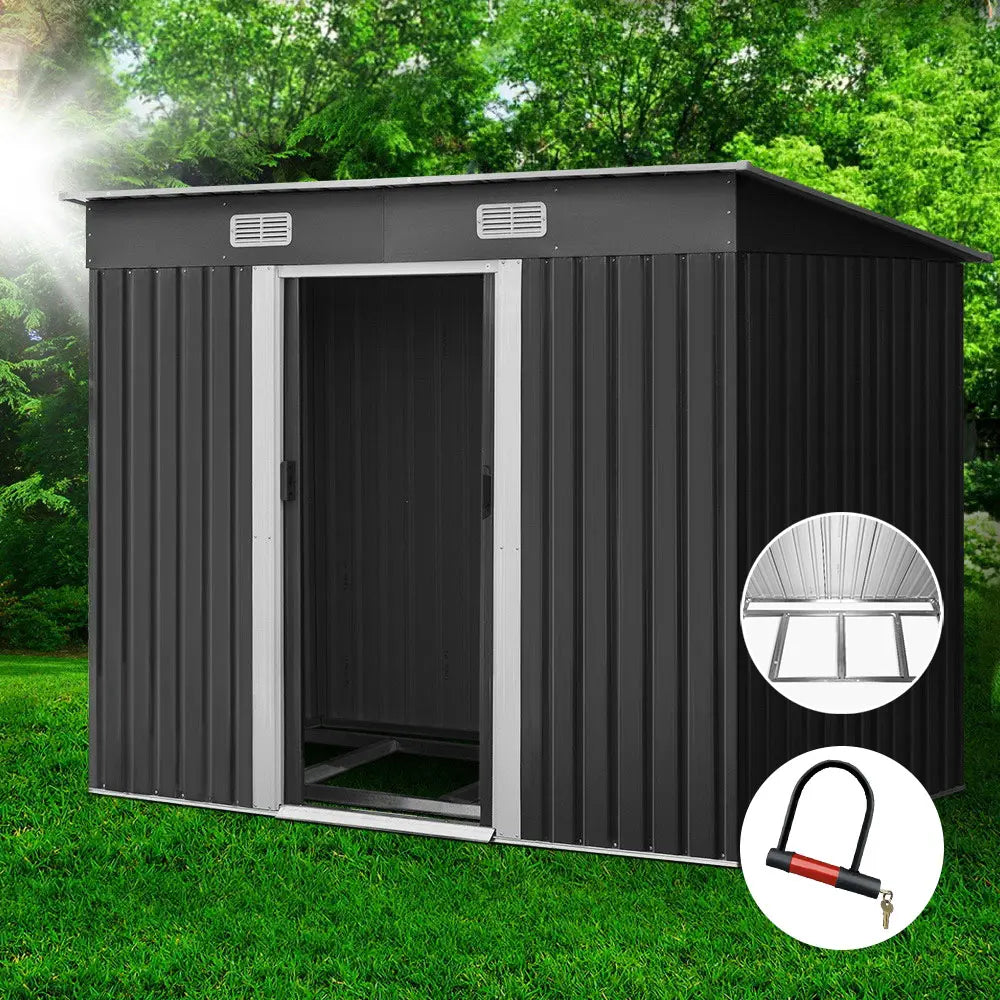 Metal garden shed 2.38x1.31m with double sliding doors in backyard setting