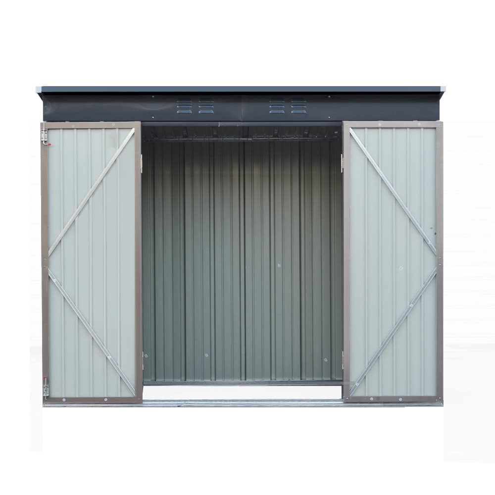 Double door metal garden shed with lockable handles and ventilation
