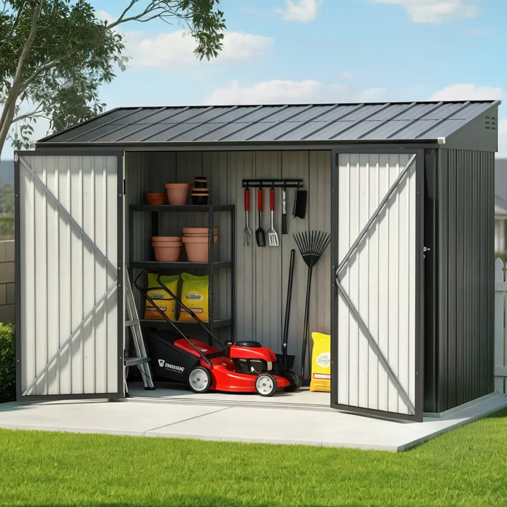 Light grey 3 metre galvanised steel garden shed with double doors in Australian backyard