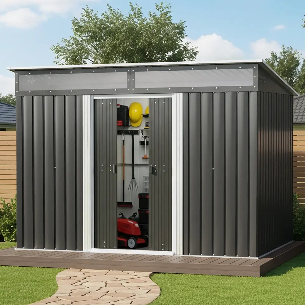Giantz 2.6x1.95m compact grey garden shed with sliding doors in small Australian backyard