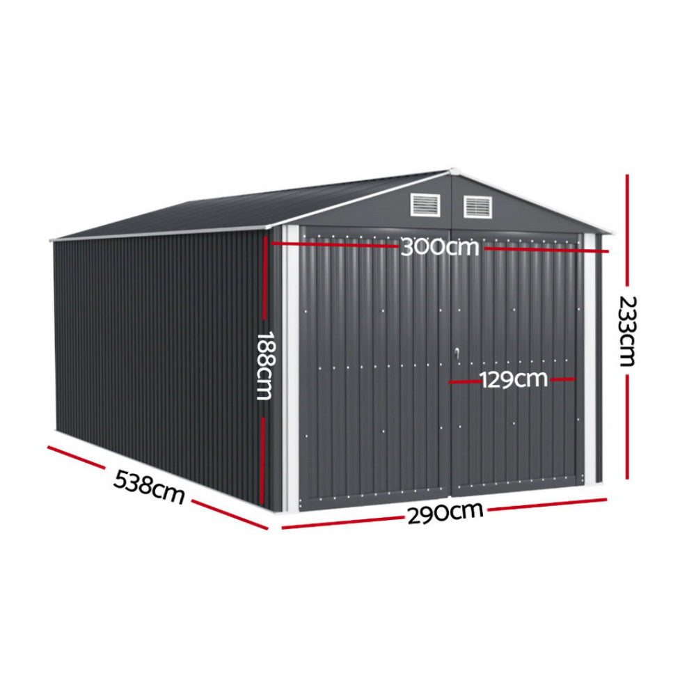 XL Garden Shed 3x5.38m – Heavy-Duty Steel Workshop Shed with Lockable Double Doors