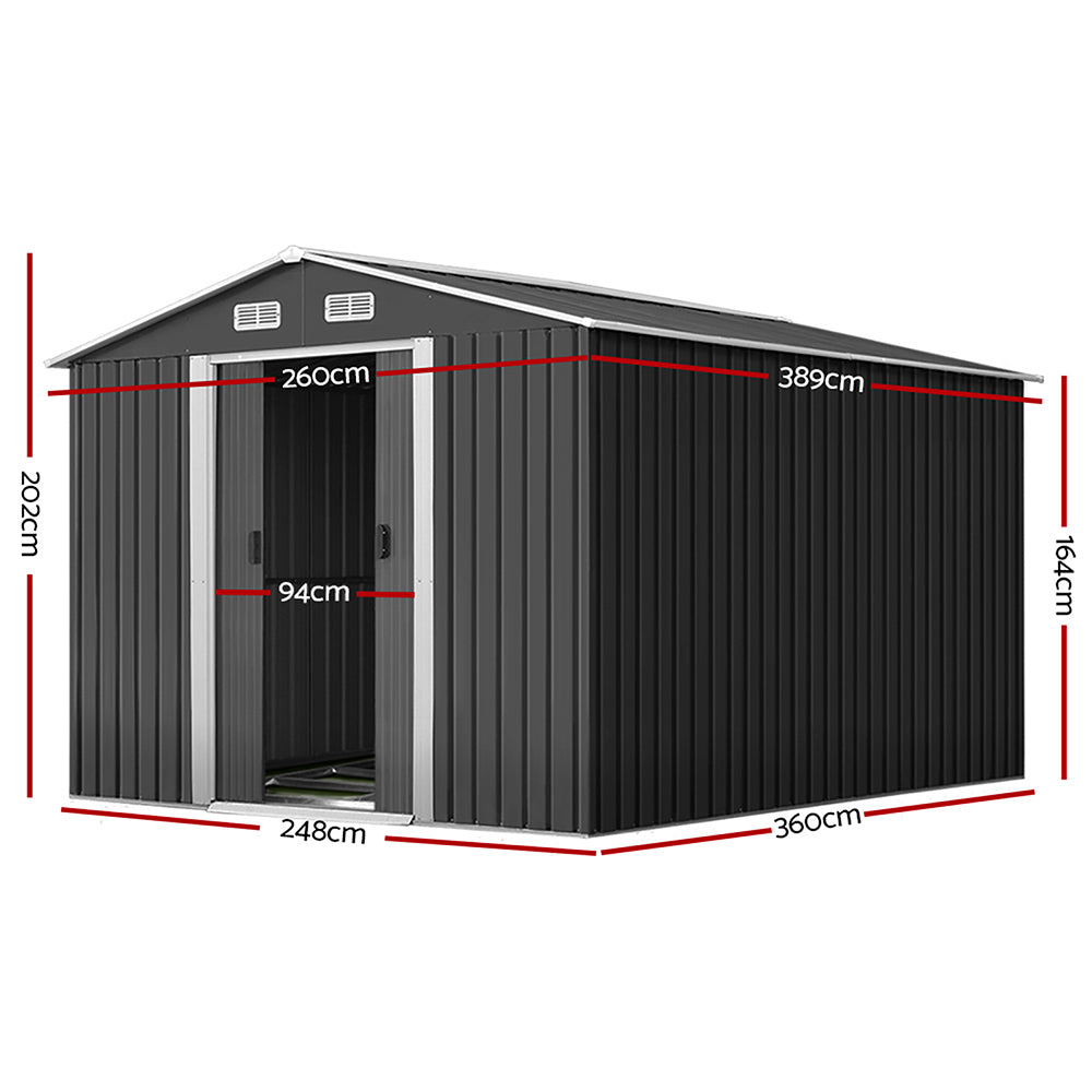 2.6x3.9m Metal Garden Shed with Base – Outdoor Storage Workshop with Sliding Doors & Vents – Grey