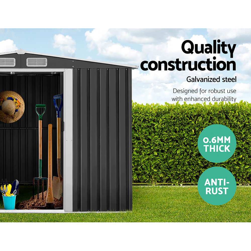 2.6x3.9m Metal Garden Shed with Base – Outdoor Storage Workshop with Sliding Doors & Vents – Grey