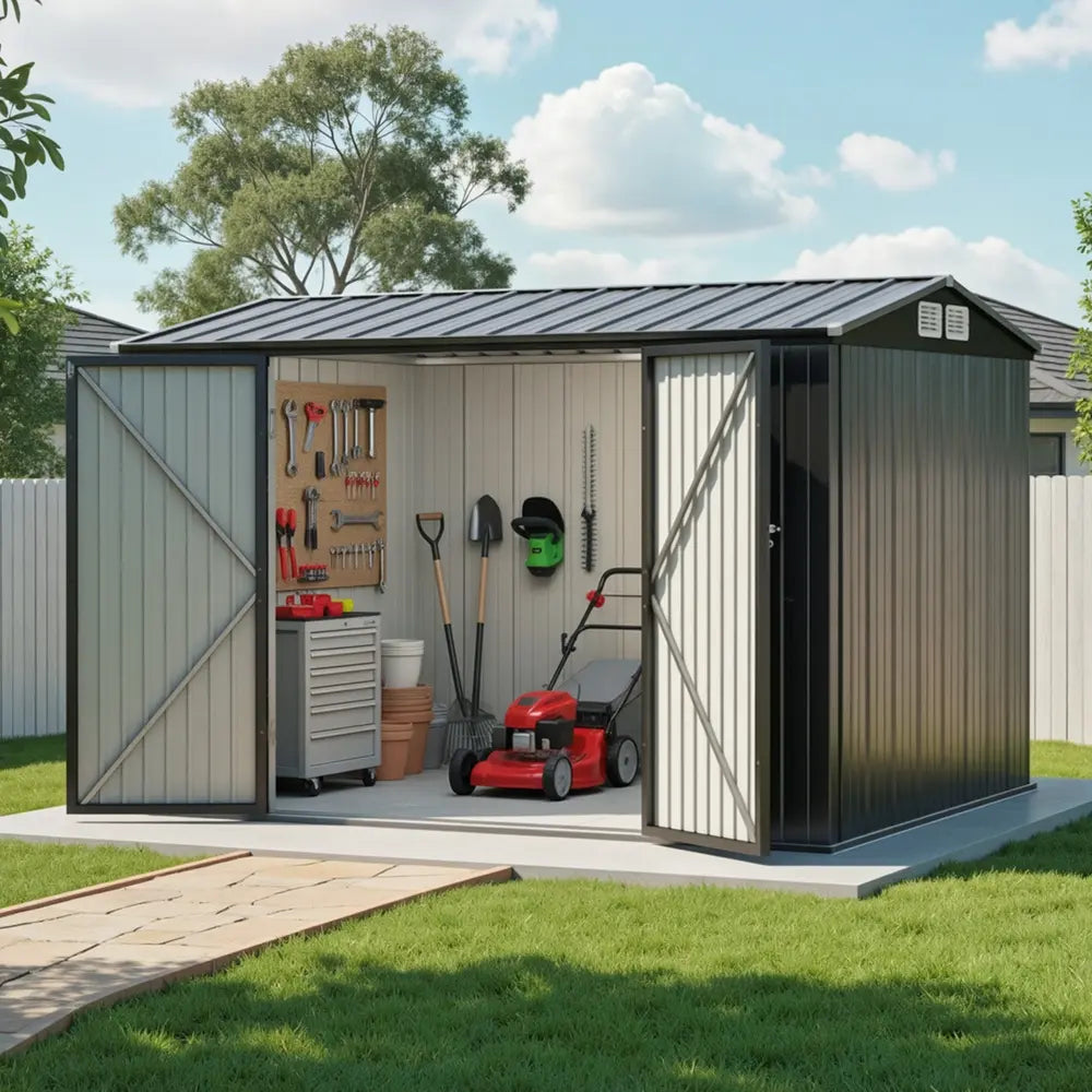 Giantz 3x2.18m grey galvanised steel garden shed with double doors in Australian backyard