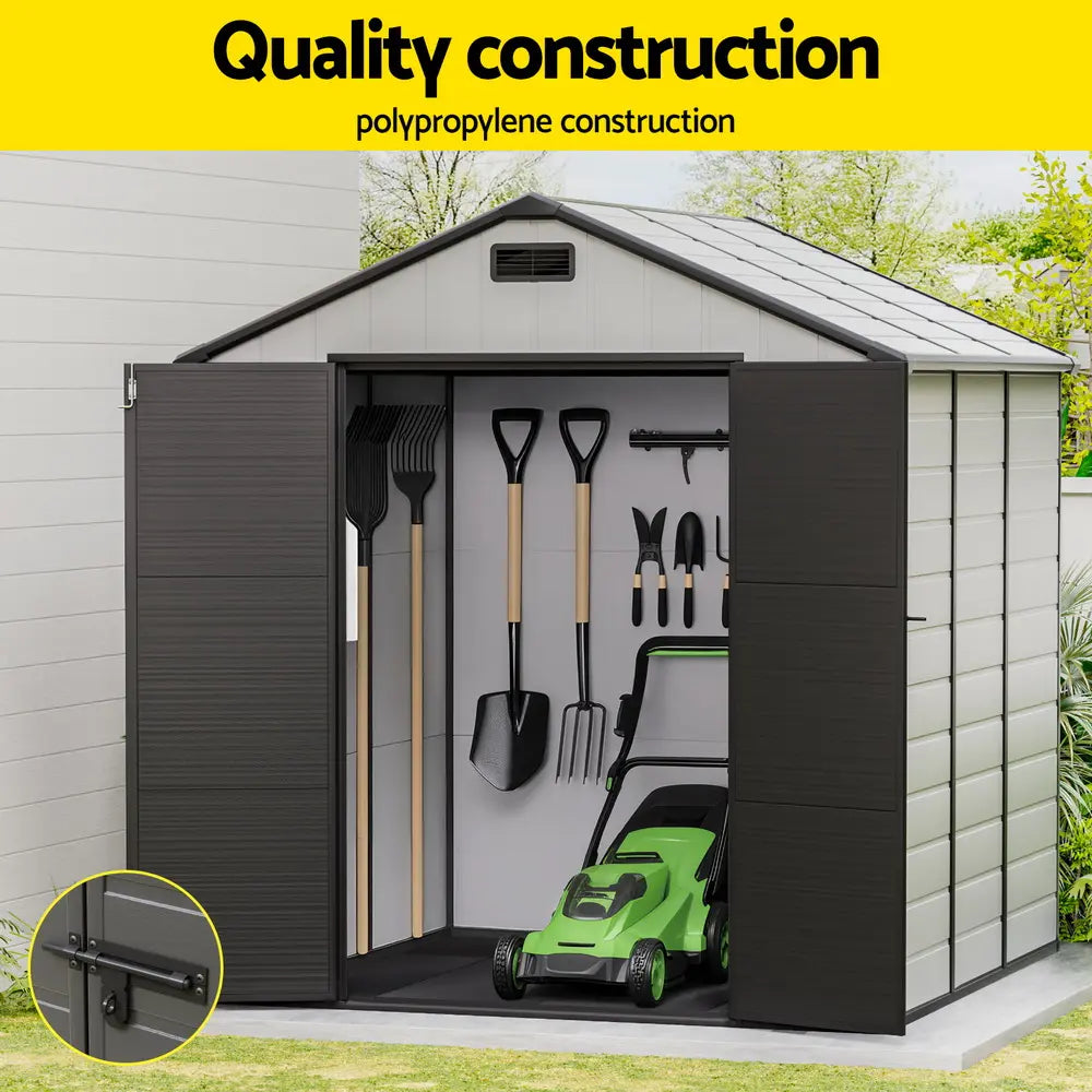 Steel-reinforced polypropylene shed construction showing maintenance-free materials