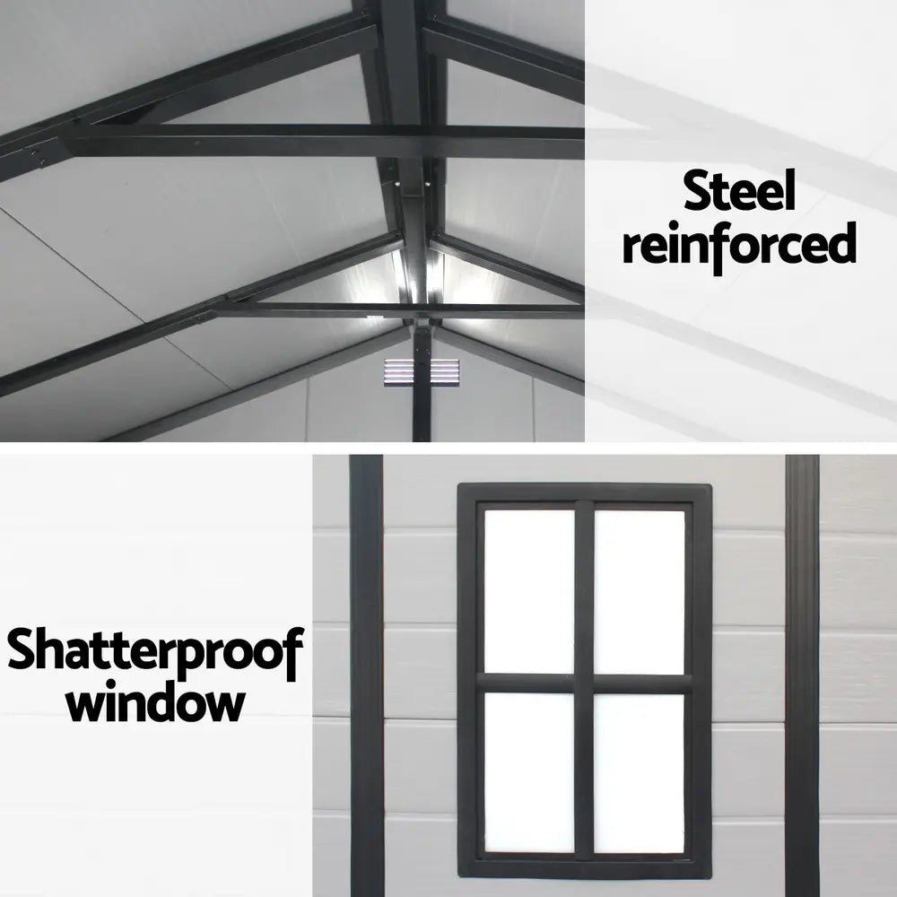 Polypropylene garden shed with shatterproof window providing natural light for workshop use