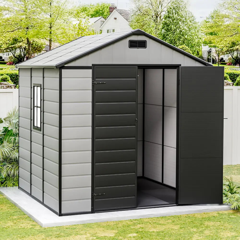 Giantz shed used as backyard workshop with natural lighting and tool storage