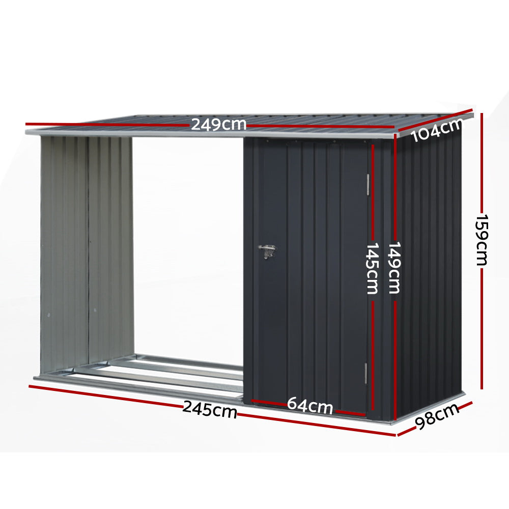 2.49 x 1.04m Metal Garden Shed – Outdoor Storage with Wood Log Alcove, Steel Frame, Sloped Roof (Anthracite)
