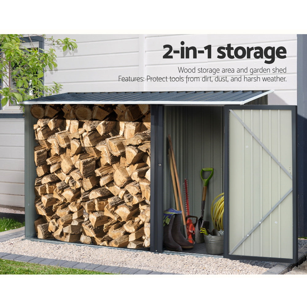 2.49 x 1.04m Metal Garden Shed – Outdoor Storage with Wood Log Alcove, Steel Frame, Sloped Roof (Anthracite)
