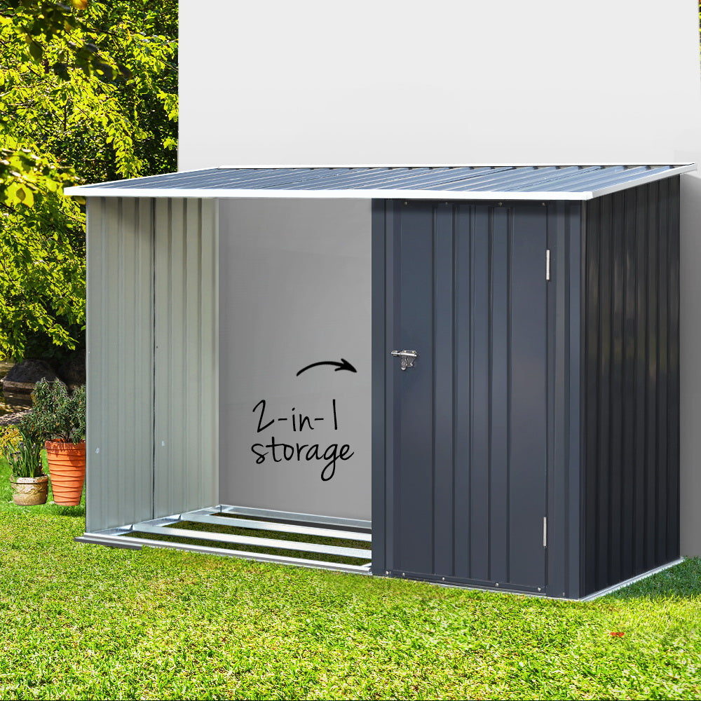 2.49 x 1.04m Metal Garden Shed – Outdoor Storage with Wood Log Alcove, Steel Frame, Sloped Roof (Anthracite)