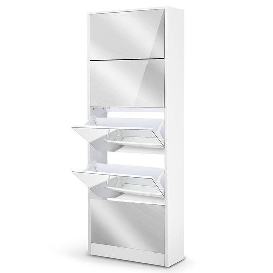 Artiss white shoe cabinet with full-length mirror storing 25 pairs in slim design