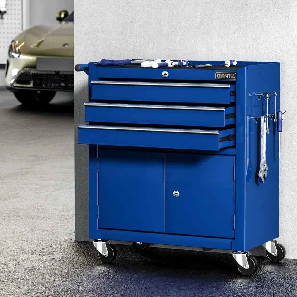 Giantz blue tool trolley organised in home garage workshop Australia