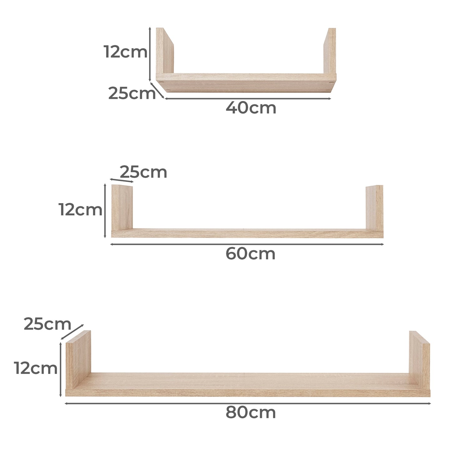 OSLO Oak Floating Shelf Kit – 3-Piece Set (400mm, 600mm, 800mm)