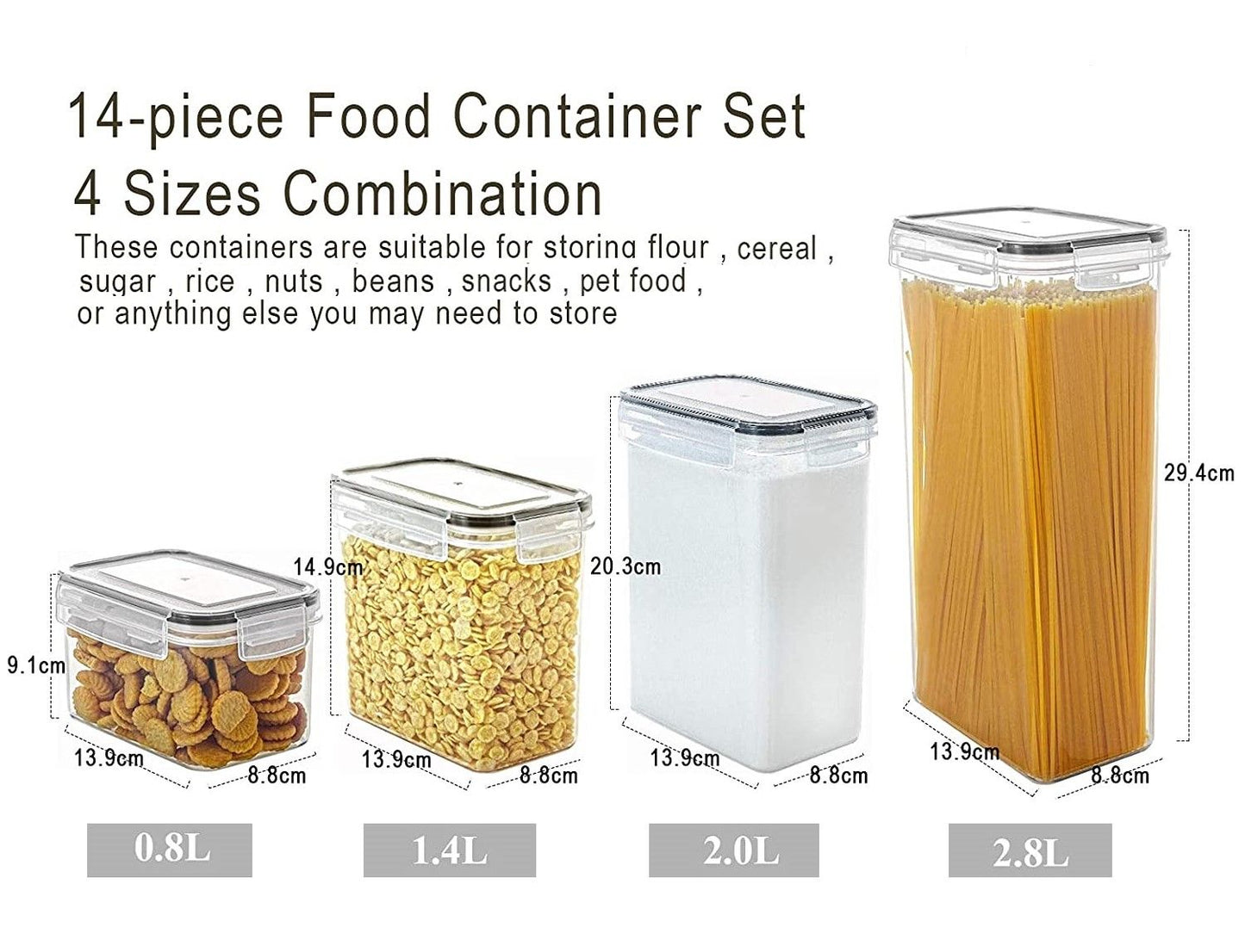 14-Piece Airtight Food Storage Container Set – BPA-Free Plastic with Easy-Lock Black Lids & Labels for Pantry & Kitchen Organisation