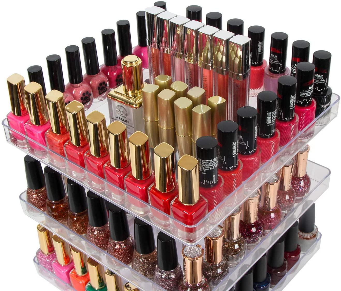 360° Rotating 3-Tier Nail Polish & Cosmetics Organiser - Elegant Acrylic Display Stand with Protective Guard – Perfect for Makeup Lovers