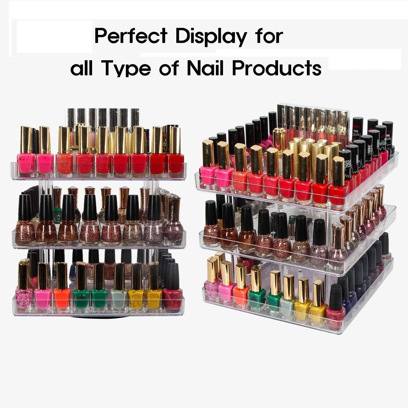 360° Rotating 3-Tier Nail Polish & Cosmetics Organiser - Elegant Acrylic Display Stand with Protective Guard – Perfect for Makeup Lovers