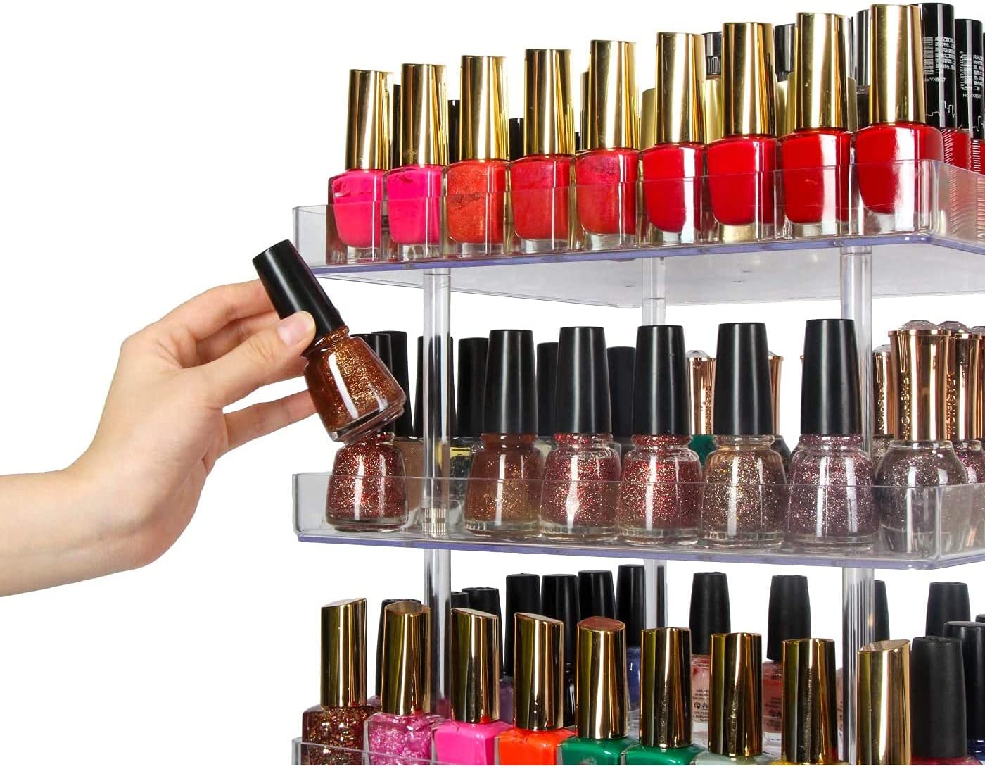 360° Rotating 3-Tier Nail Polish & Cosmetics Organiser - Elegant Acrylic Display Stand with Protective Guard – Perfect for Makeup Lovers