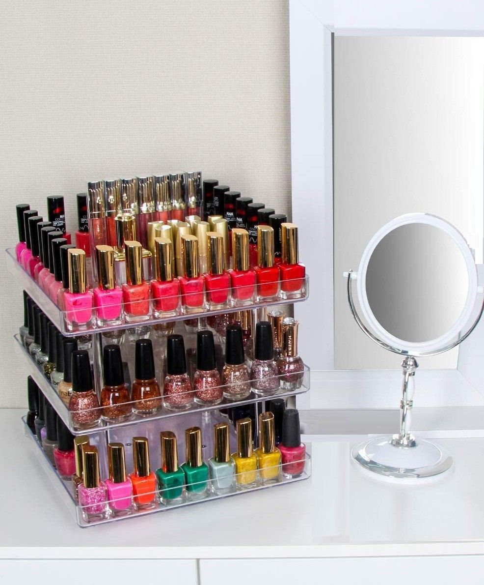 360° Rotating 3-Tier Nail Polish & Cosmetics Organiser - Elegant Acrylic Display Stand with Protective Guard – Perfect for Makeup Lovers