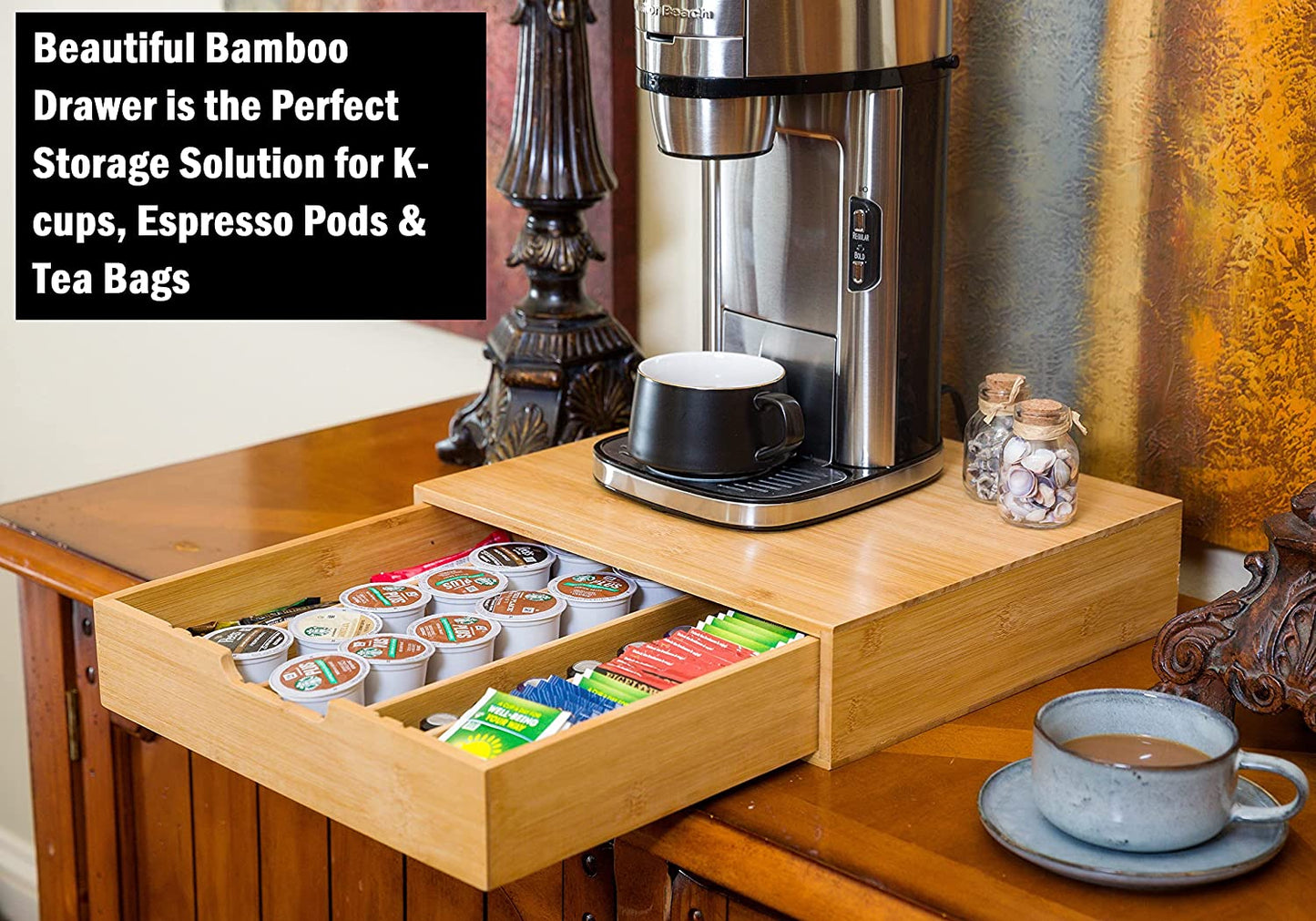 Bamboo K-Cup Coffee Pod & Multi-Use Organizer – Stylish Storage for Kitchen, Beauty, or Desk