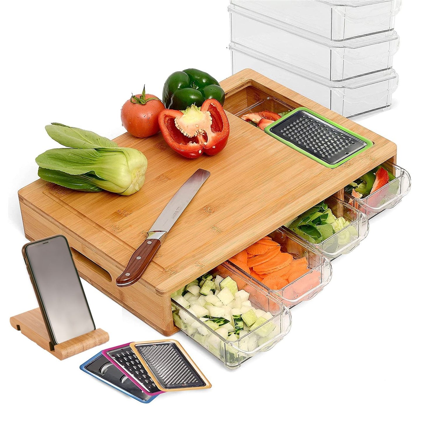 Zero mess meal prep station bamboo cutting board with 4 storage containers showing drop-through design