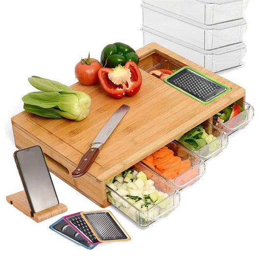 Zero mess meal prep station bamboo cutting board with 4 storage containers showing drop-through design