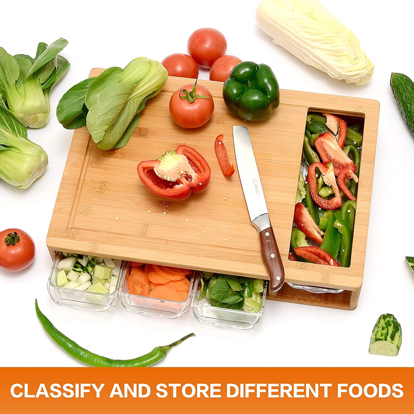 Zero-Mess Meal Prep Station - Bamboo Cutting Board with 4 Storage Containers