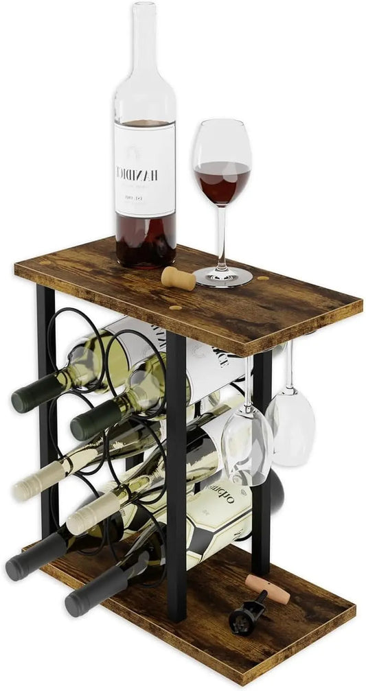 Wooden and black metal countertop wine rack holding 6 bottles and 2 wine glasses perfect fathers day gift Australia