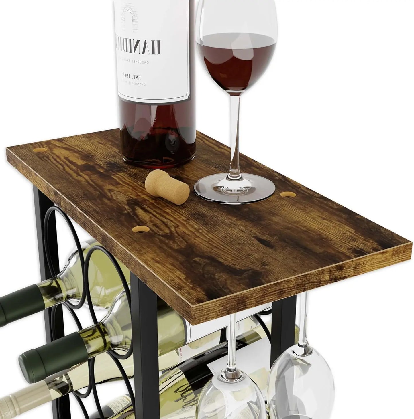 Close up of natural wood base and black metal frame countertop wine rack showing quality construction