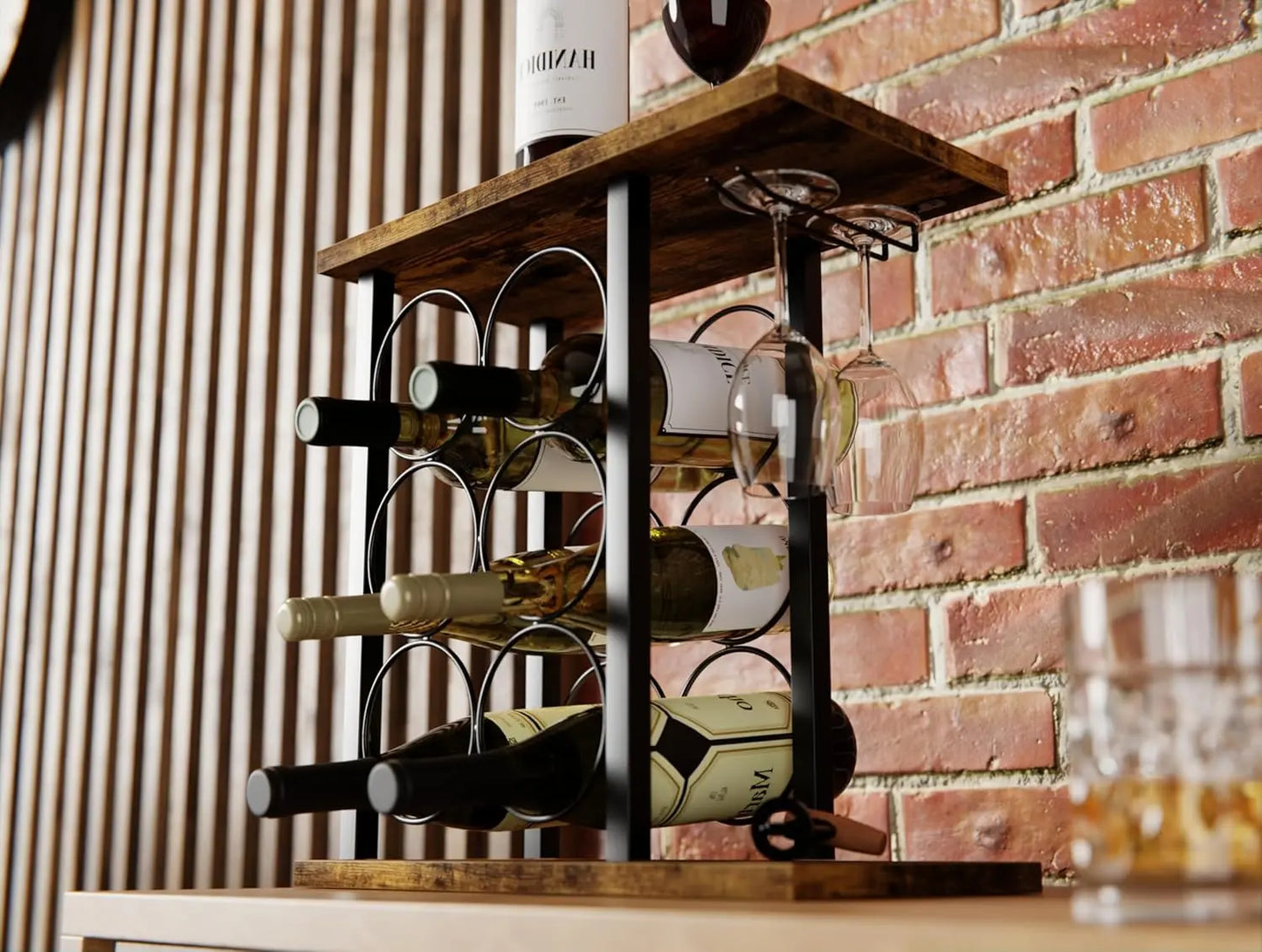 Countertop wine rack on modern kitchen bench with wine bottles and glasses ready for fathers day entertaining