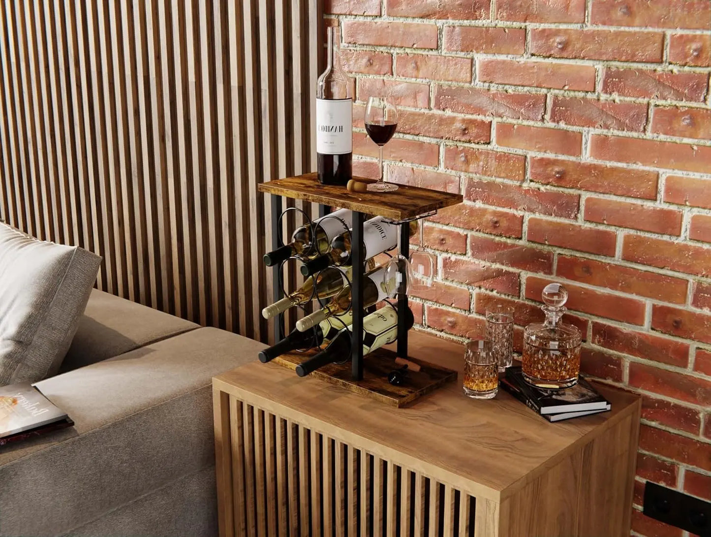 Father's day gift wine rack styled with red wine bottles and glasses on dining table for dad