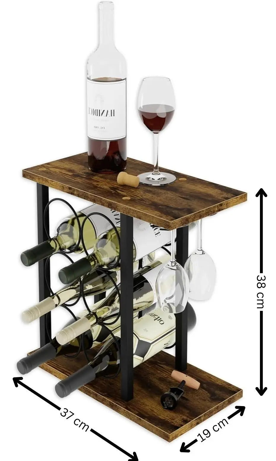Compact countertop wine rack dimensions showing 37cm width fits perfectly on Australian kitchen bench