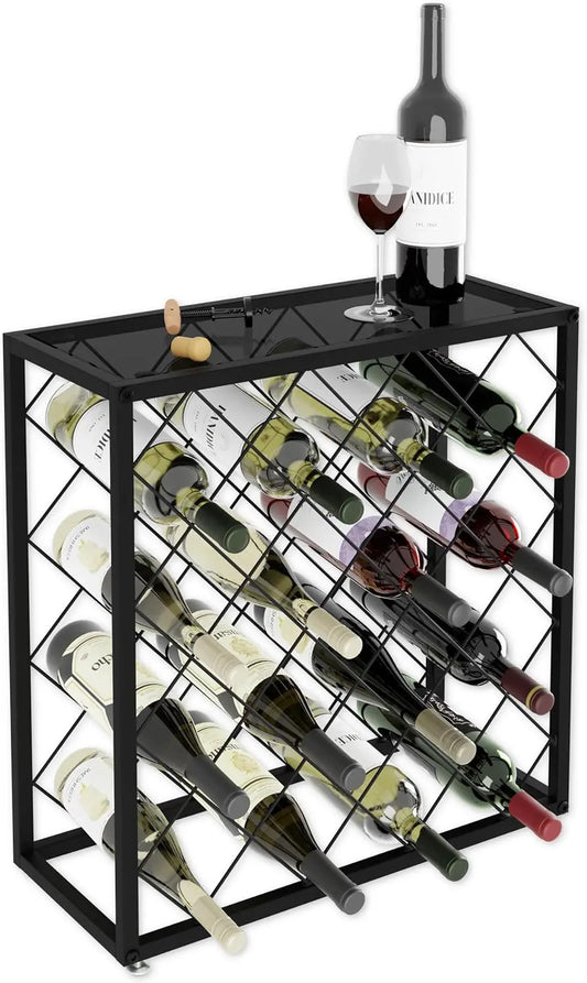 25-bottle freestanding metal wine rack on countertop