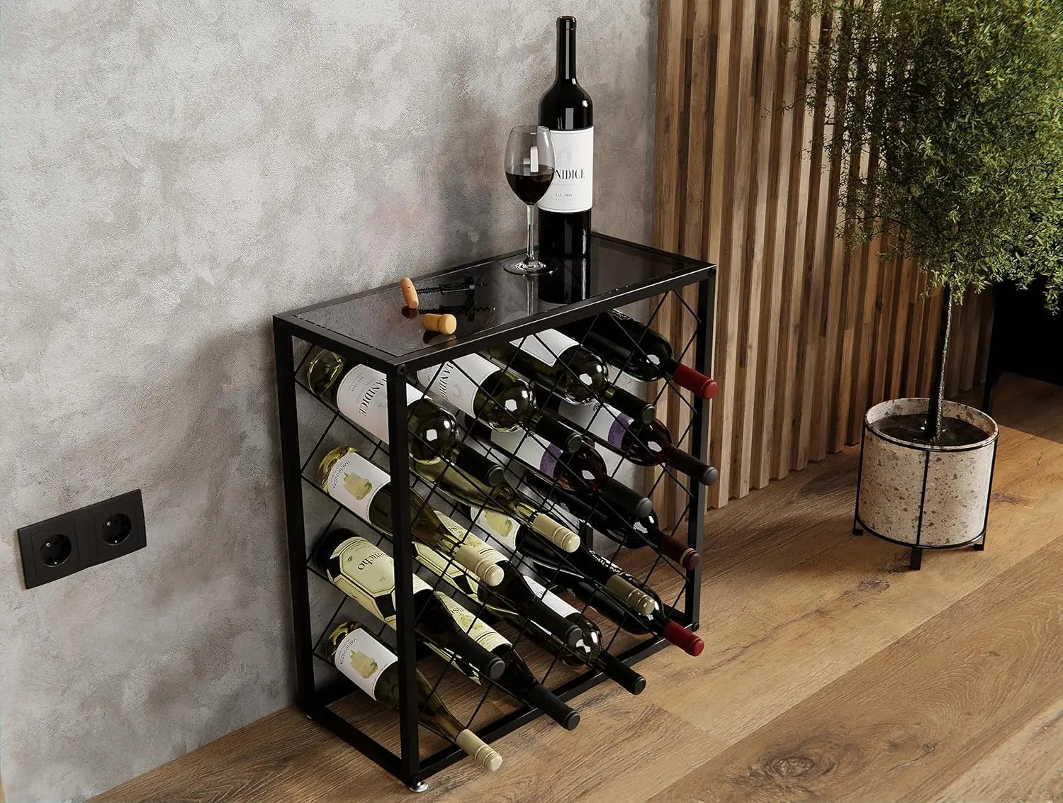 Modern black wine rack with top shelf and wine bottles