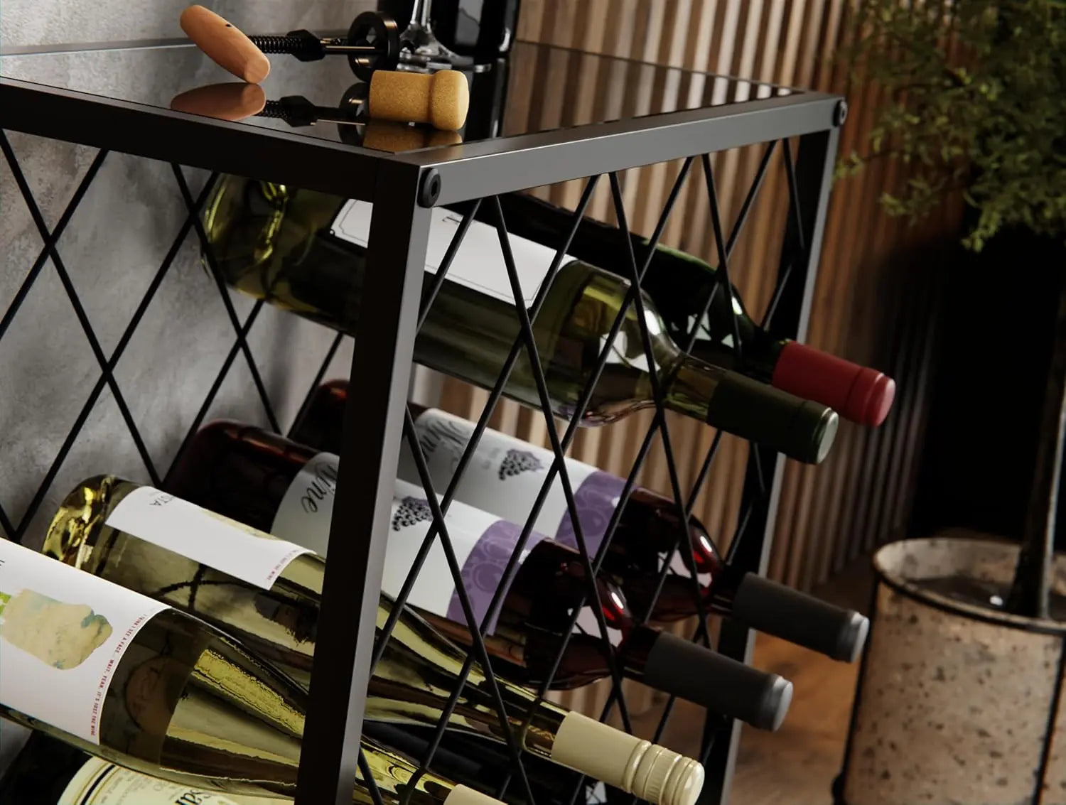 Top shelf of wine rack holding glasses and accessories