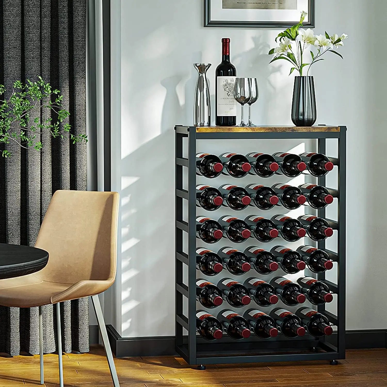 wine bottle storage rack with black metal frame
