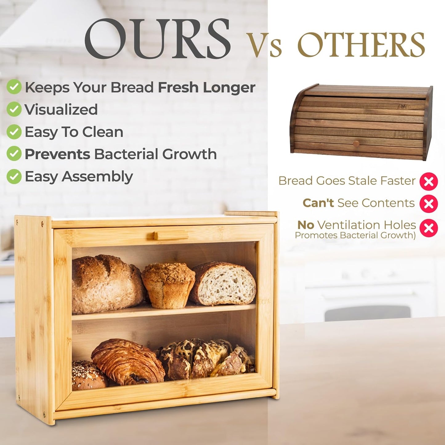 Double Layer Bamboo Bread Box – Large Capacity Kitchen Storage with Window for Fresh Baked Goods