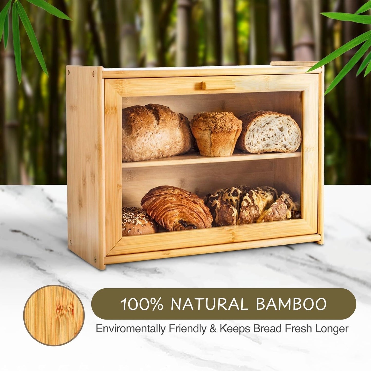 Double Layer Bamboo Bread Box – Large Capacity Kitchen Storage with Window for Fresh Baked Goods