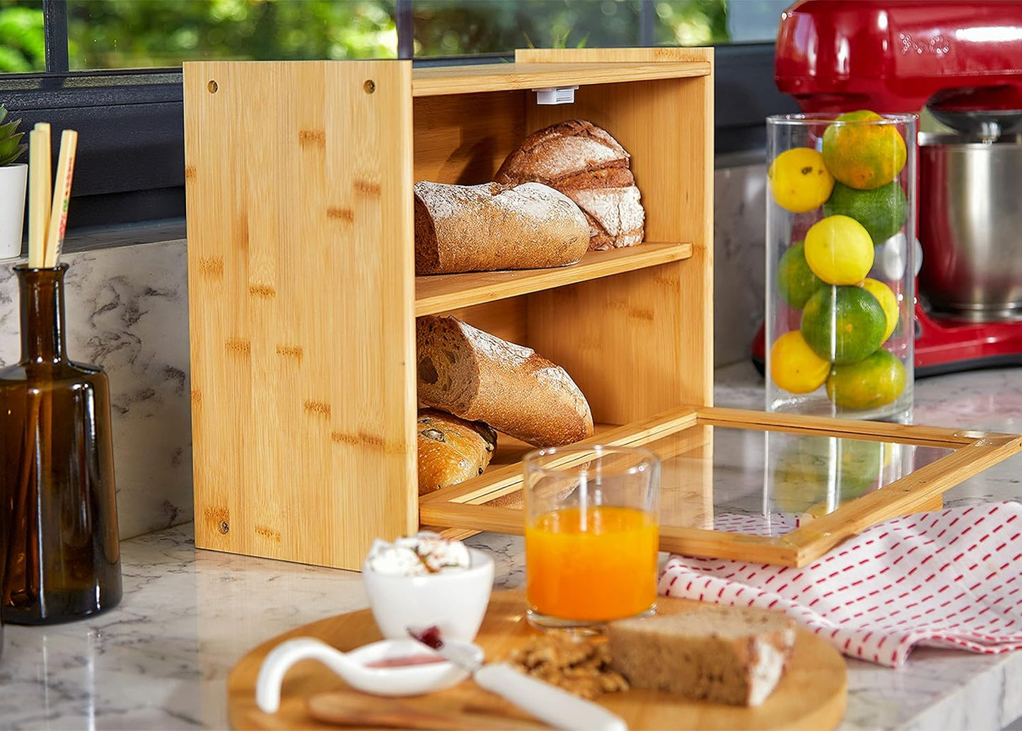 Double Layer Bamboo Bread Box – Large Capacity Kitchen Storage with Window for Fresh Baked Goods