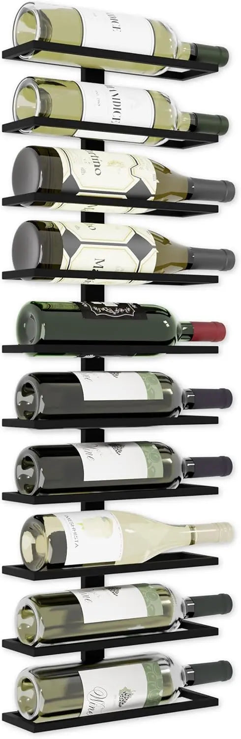 Black metal wall mount wine rack holding 10 bottles mounted on white wall in modern Australian kitchen