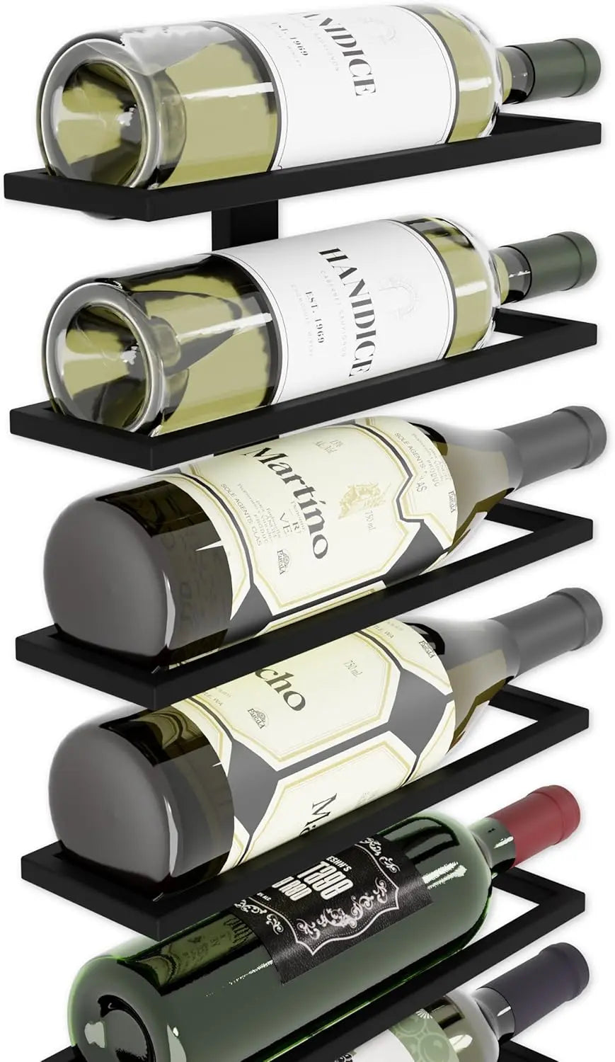 Close up of black metal wine rack showing secure bottle holders and matte powder coated finish