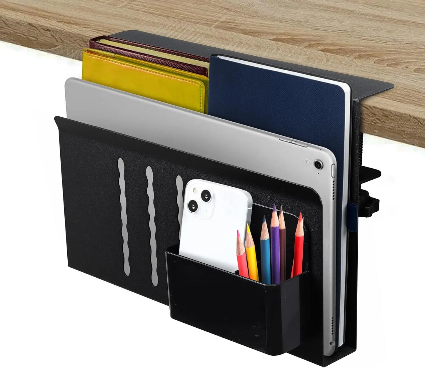 under desk laptop holder with cable tray installed on wood desk