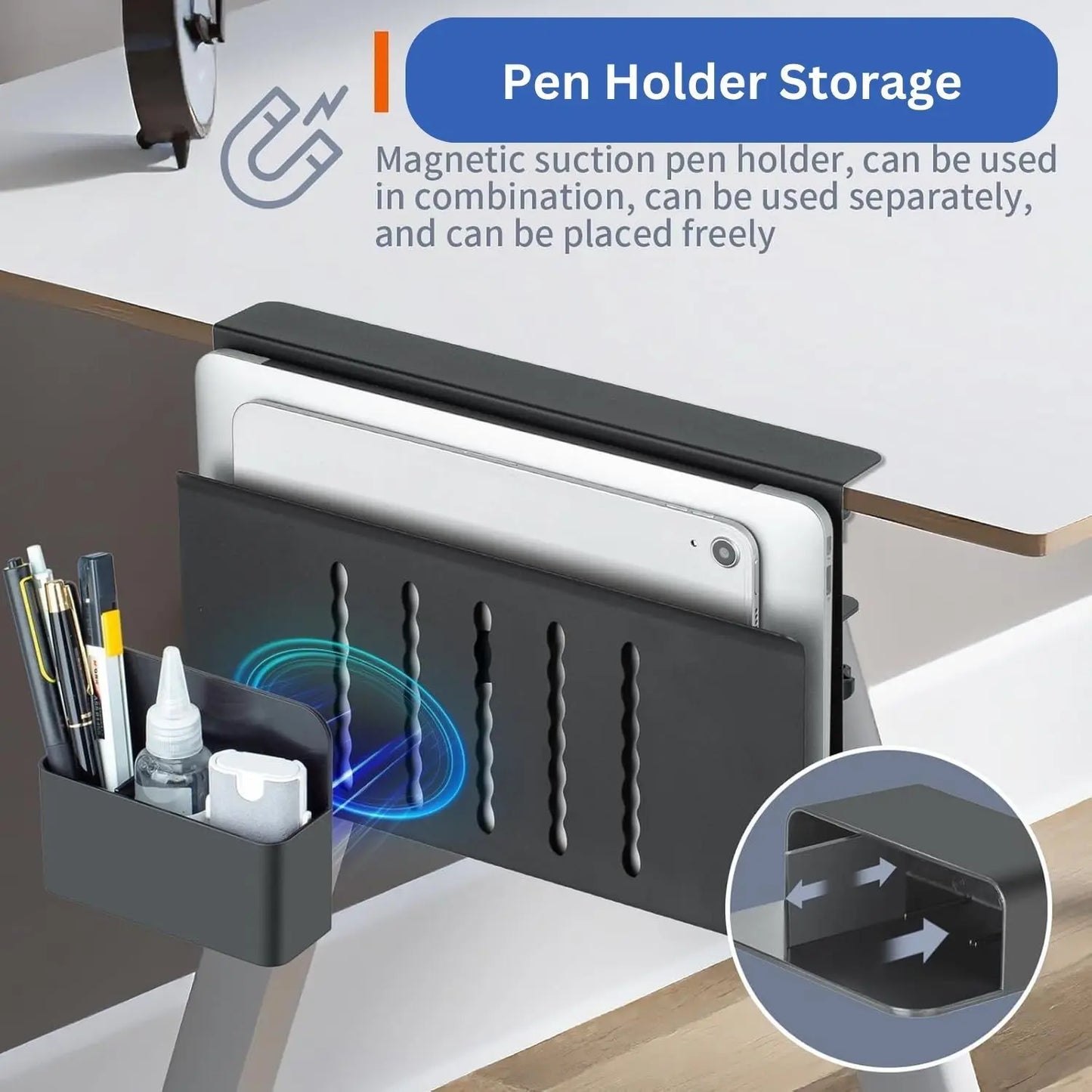 Under Desk Laptop Holder with Cable Tray & Pen Organizer – No Drill, Space-Saving Design