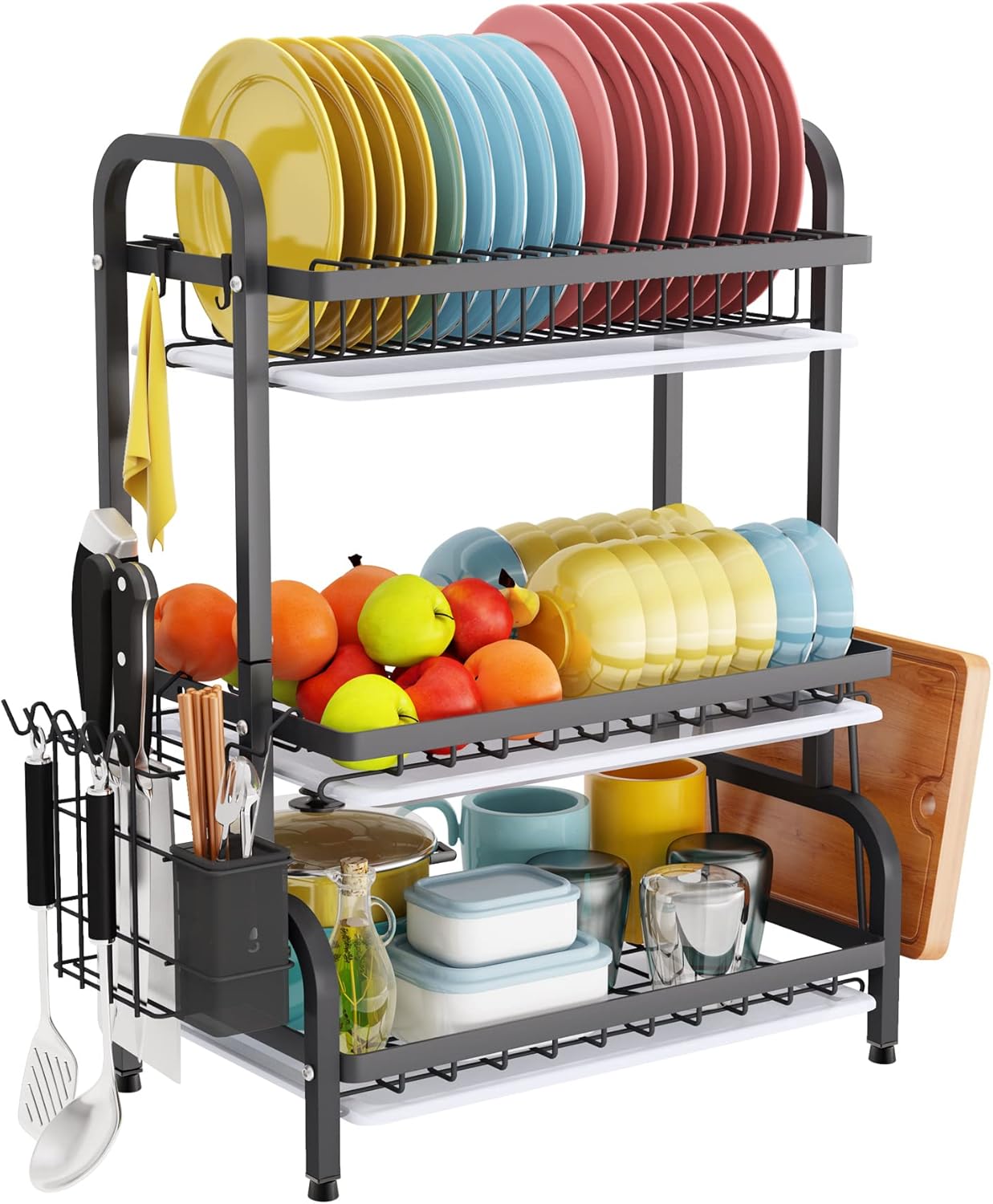 3-tier stainless steel dish drying rack large capacity kitchen organiser with drain trays