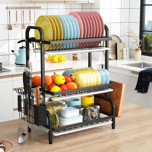 Organised Australian kitchen benchtop with 3-tier dish rack space saving design