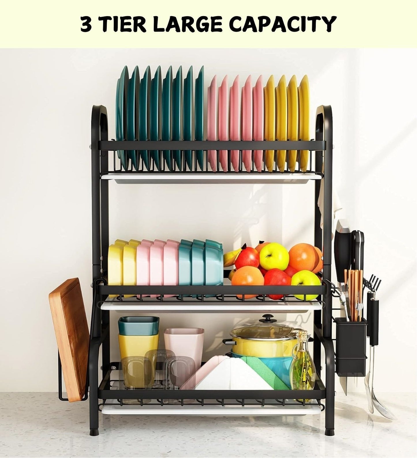 Dish rack holding 17 plates 36 bowls with utensil holder and cutting board storage