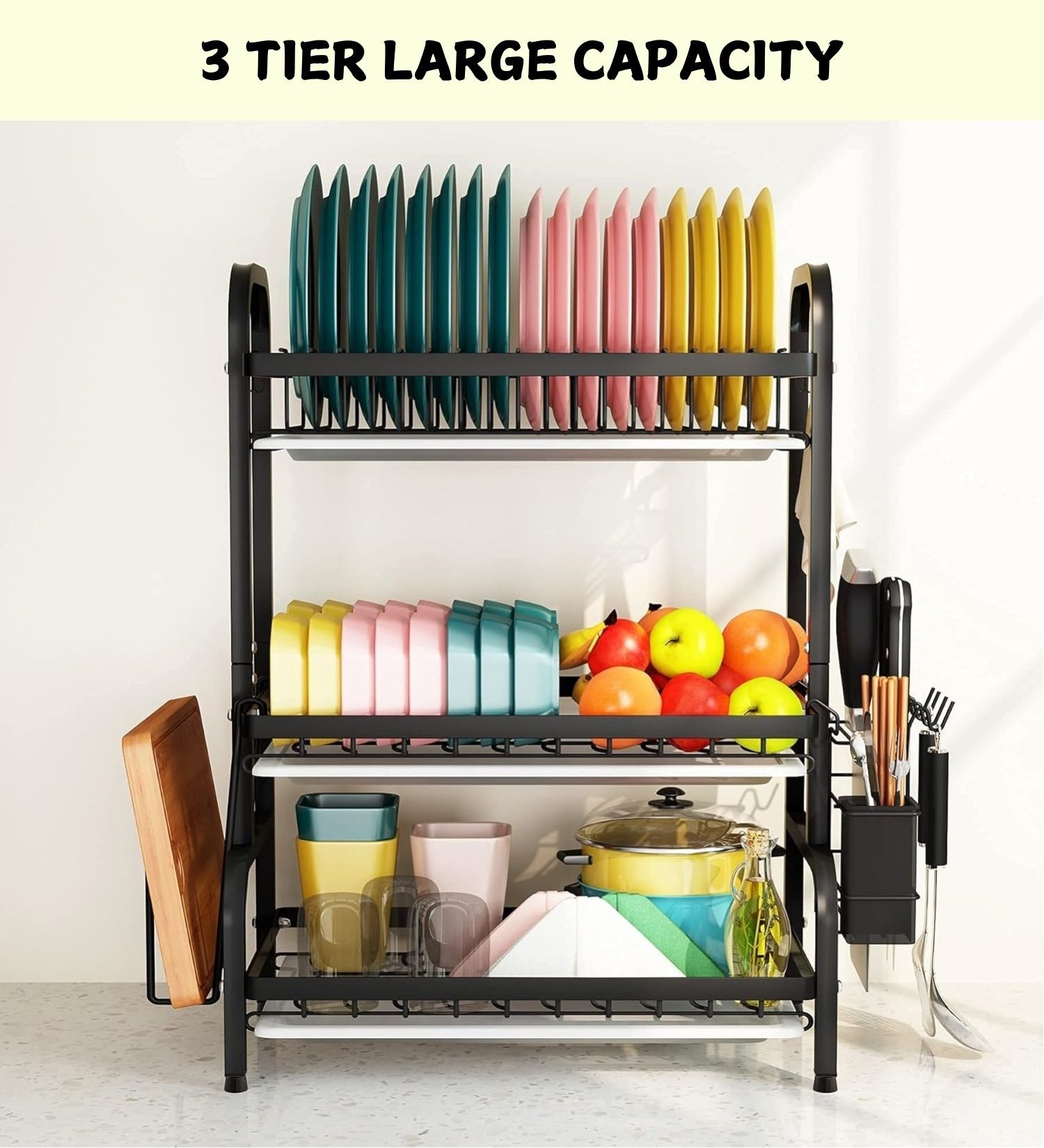 Dish rack holding 17 plates 36 bowls with utensil holder and cutting board storage