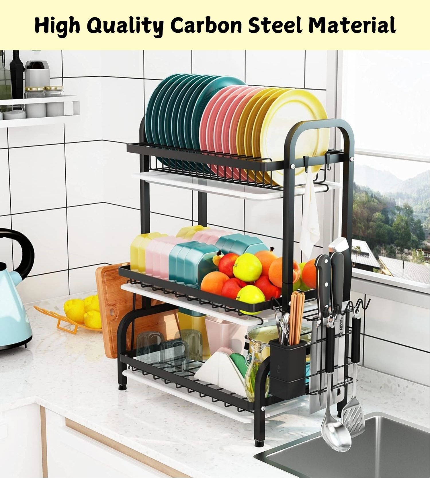 Compact 42cm dish drying rack fitting perfectly on standard kitchen benchtop